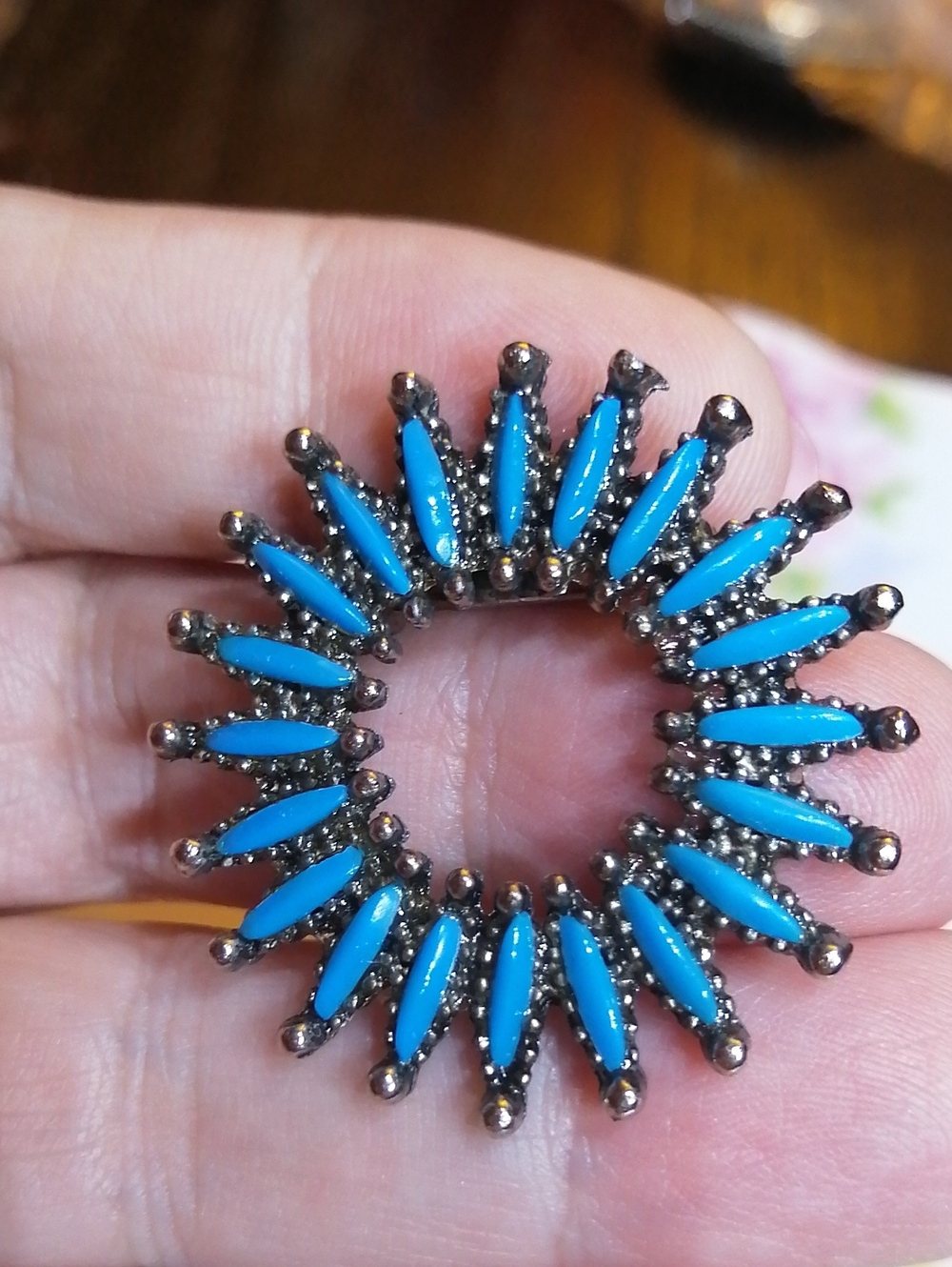 Zuni Style Blue Sunburst Circle Vintage Brooch